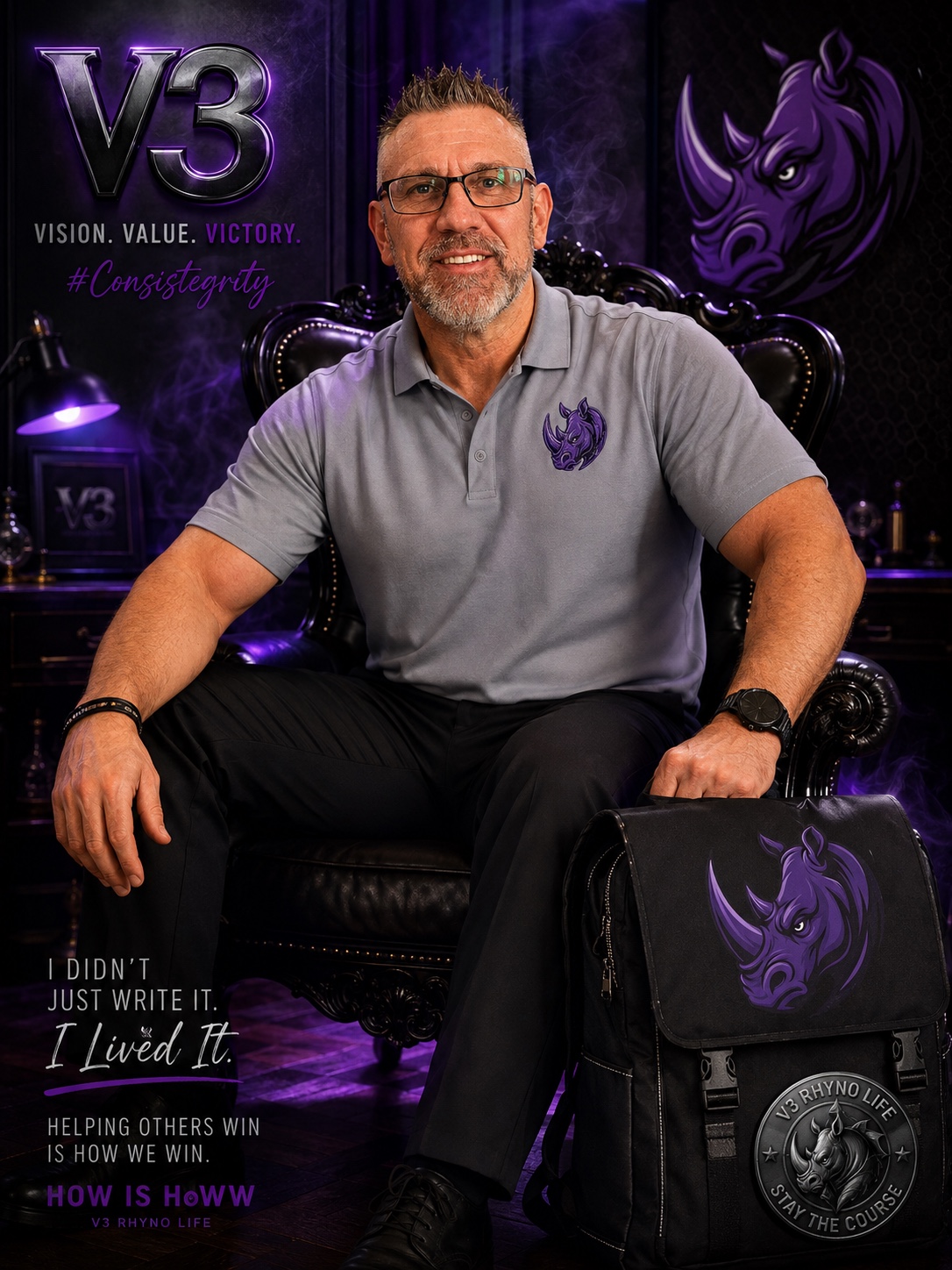 Chuck Dumas seated in the Mission Rhyno office representing leadership, mentorship, and purposeful entrepreneurship.
