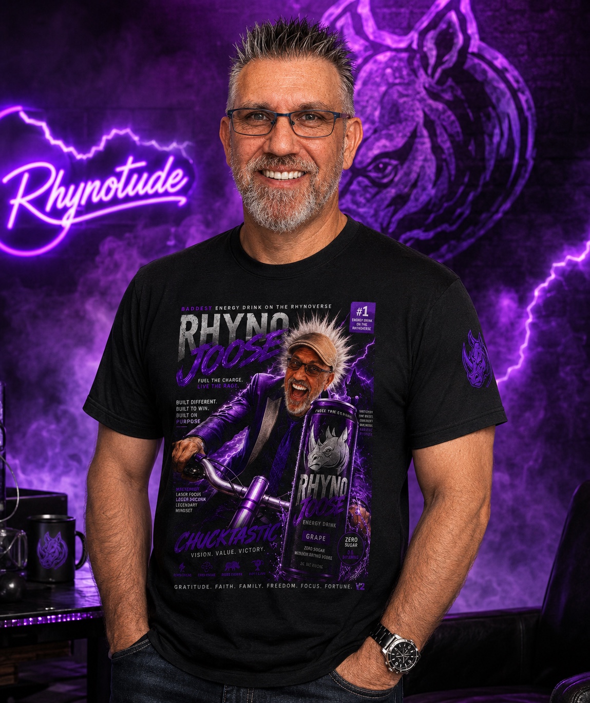 Chuck Dumas smiling in the Rhynotude studio wearing a Rhyno Juice shirt that reflects creativity, humor, and positive energy.
