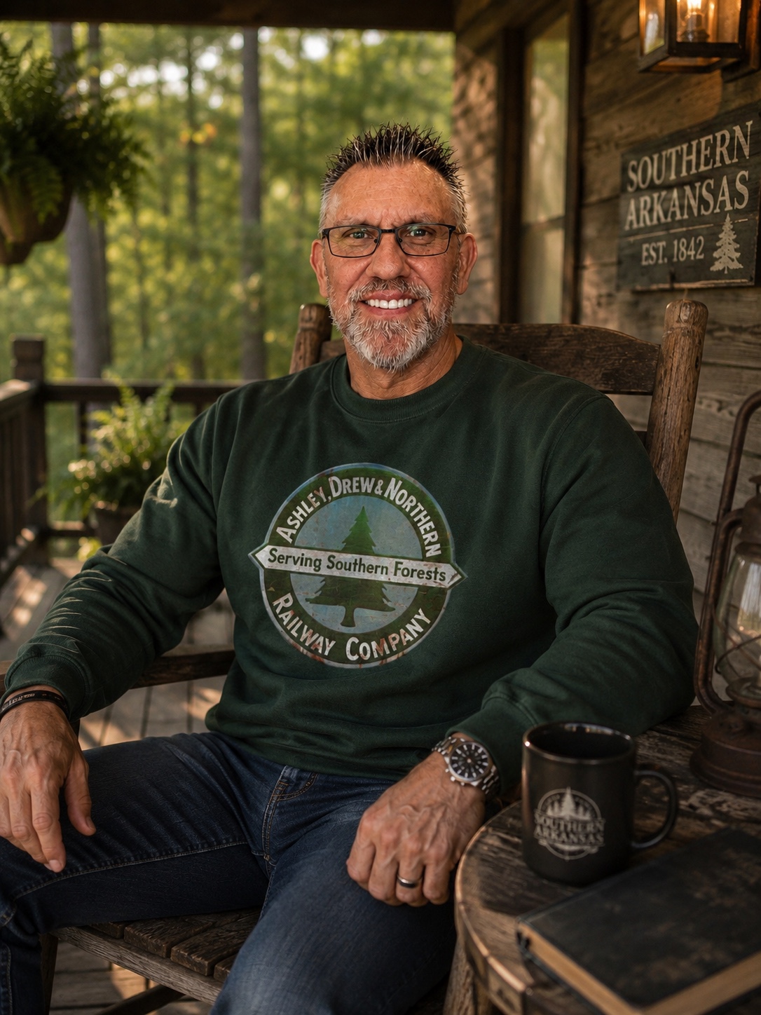 Chuck Dumas relaxing on a Southern Arkansas porch representing family, heritage, and hometown values.