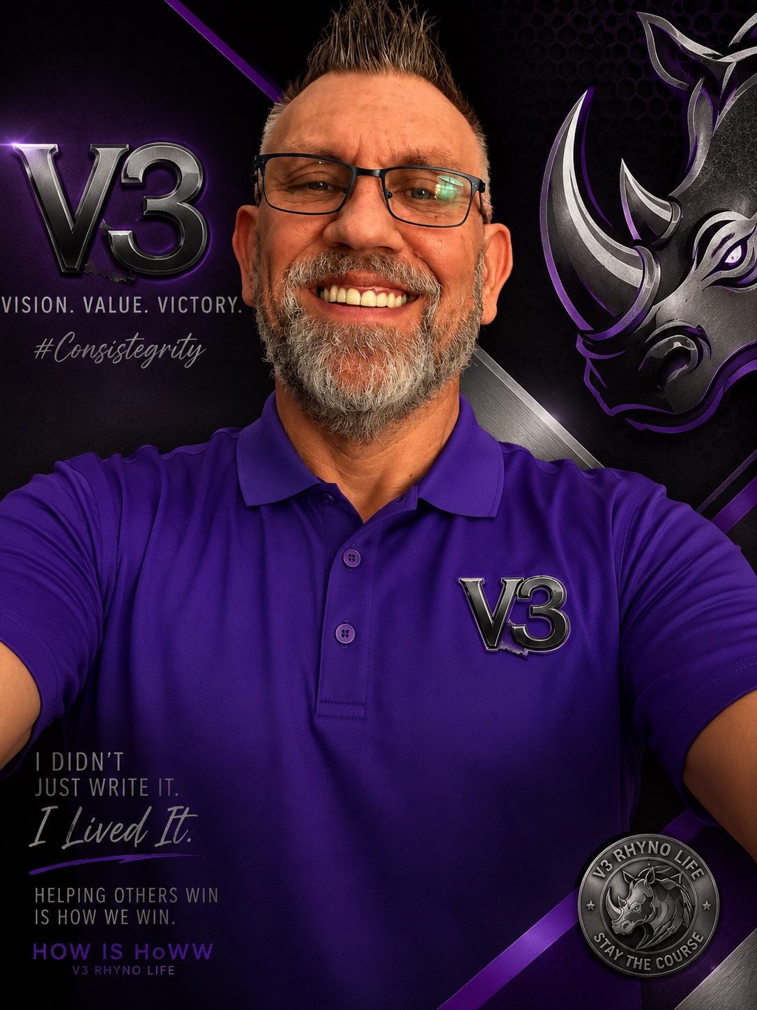 Chuck Dumas smiling while representing the Vision, Value, Victory philosophy.